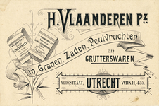 711548 Visitekaartje van H. Vlaanderen Pz., in Granen, Zaden, Peulvruchten en Grutterswaren, Voorstraat Wijk H. 455 te ...